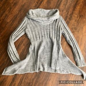 Asymmetrical Gray Sweater w/Hanging Cowl Neck